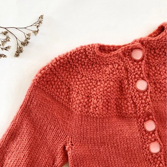 HANDMADE Size 3-4 Vintage Coral Red Rust Button Up Knitted Cardigan Winter Kids - Picture 2 of 5